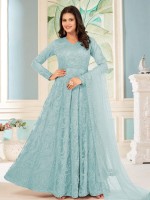 Sky Blue Butterfly Net Designer Anarkali Salwar Kameez